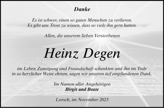 Traueranzeige von Heinz Degen von Bergsträßer Anzeiger