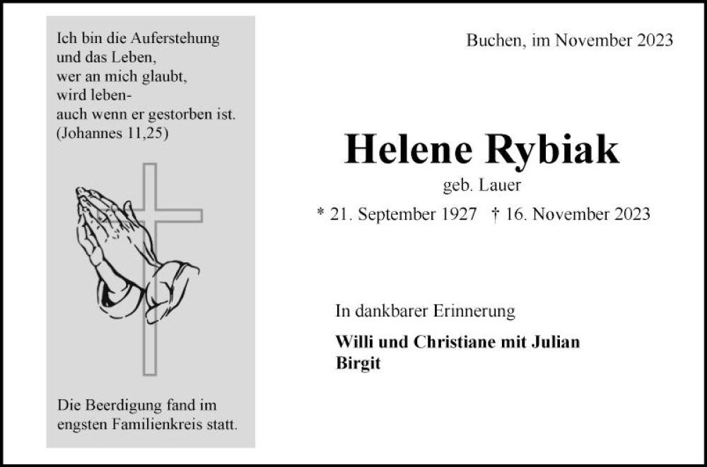  Traueranzeige für Helene Rybiak vom 25.11.2023 aus Fränkische Nachrichten