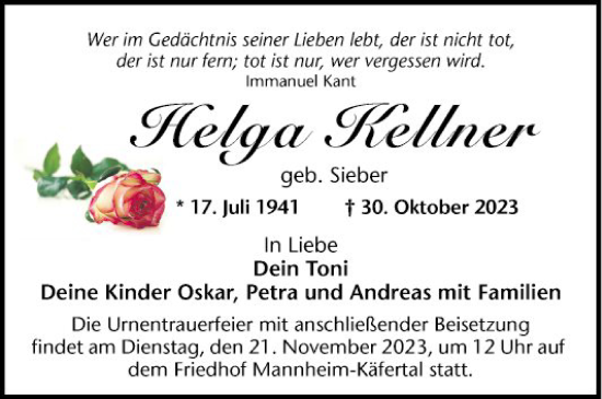 Traueranzeige von Helga Kellner von Mannheimer Morgen