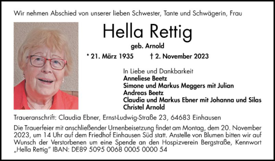 Traueranzeige von Hella Rettig von Bergsträßer Anzeiger