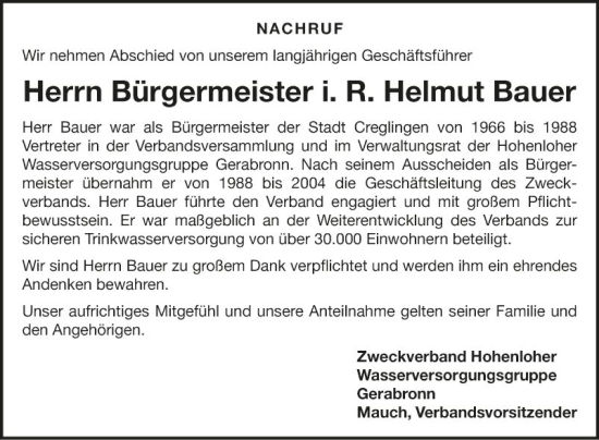 Traueranzeige von Helmut Bauer von Fränkische Nachrichten