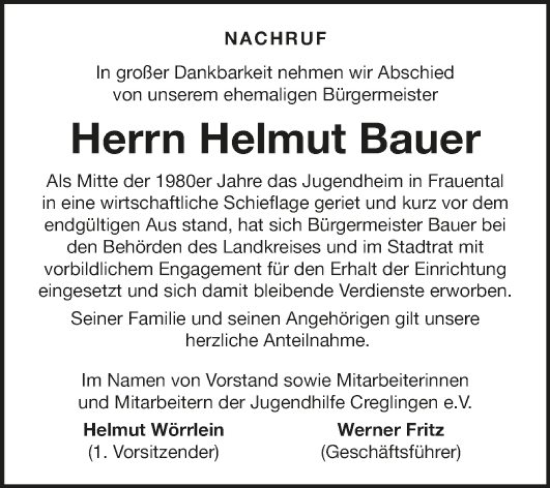 Traueranzeige von Helmut Bauer von Fränkische Nachrichten