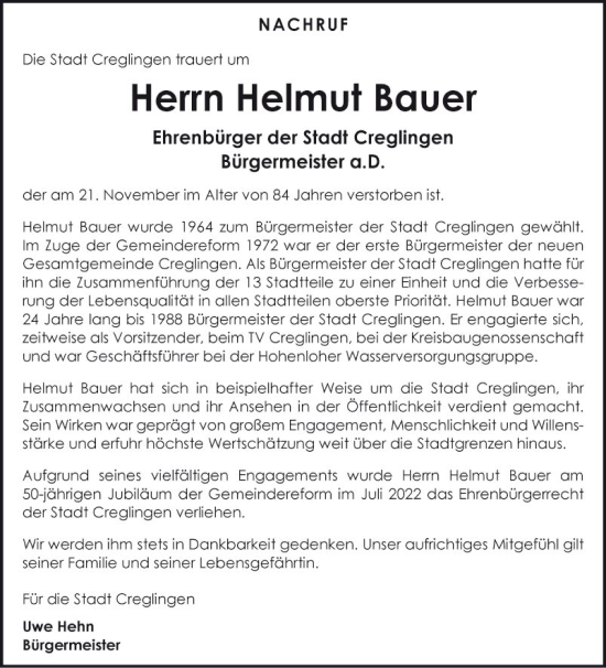 Traueranzeige von Helmut Bauer von Fränkische Nachrichten