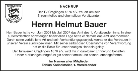 Traueranzeige von Helmut Bauer von Fränkische Nachrichten