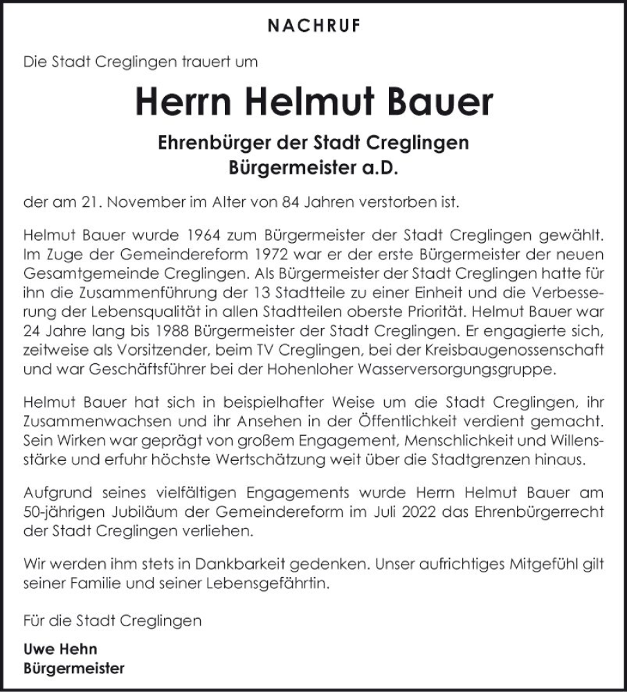  Traueranzeige für Helmut Bauer vom 25.11.2023 aus Fränkische Nachrichten