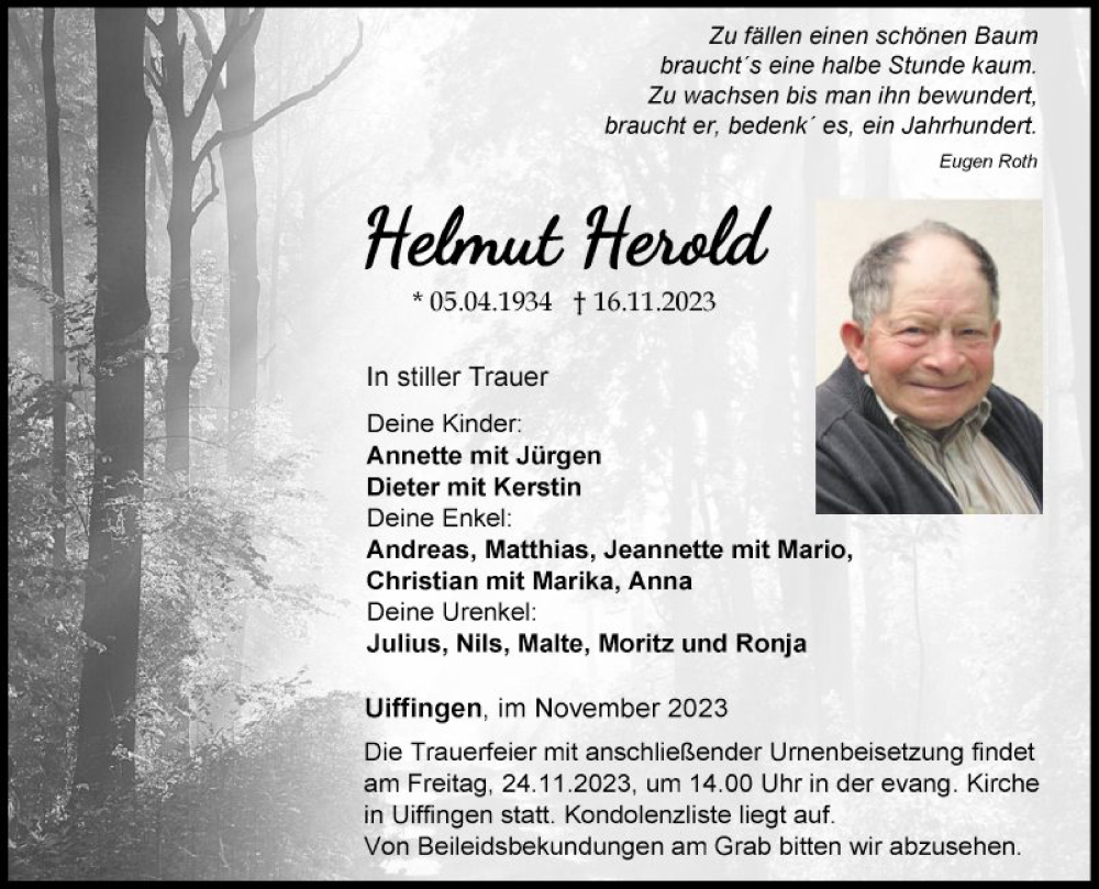  Traueranzeige für Helmut Herold vom 22.11.2023 aus Fränkische Nachrichten