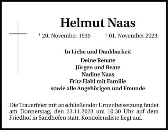 Traueranzeige von Helmut Naas von Mannheimer Morgen