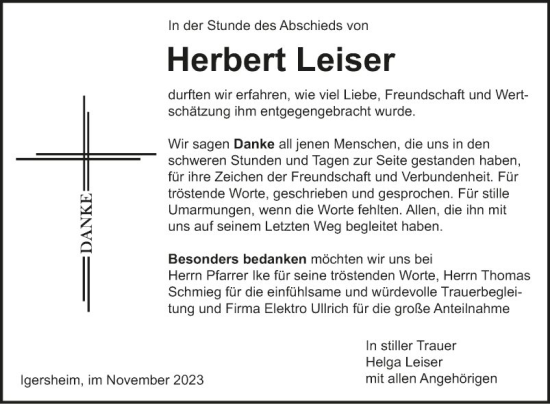 Traueranzeige von Herbert Leiser von Fränkische Nachrichten