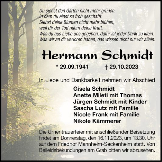 Traueranzeige von Hermann Schmidt von Mannheimer Morgen