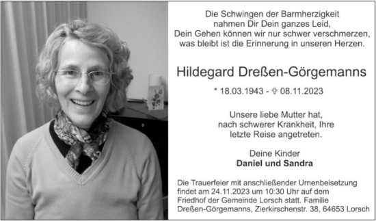 Traueranzeige von Hildegard Dreßen-Görgemanns von Bergsträßer Anzeiger