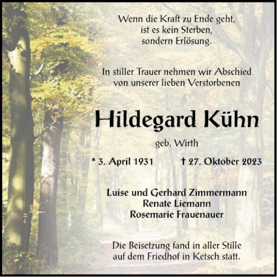 Traueranzeige von Hildegard Kühn von Schwetzinger Zeitung