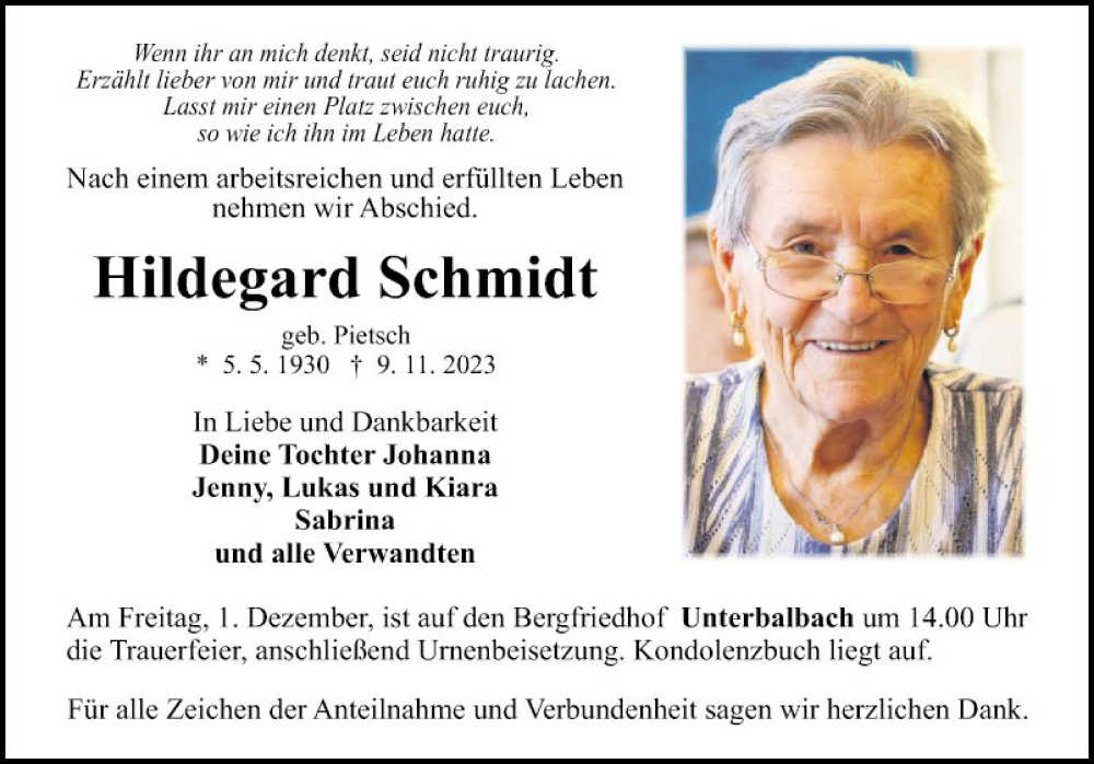  Traueranzeige für Hildegard Schmidt vom 25.11.2023 aus Fränkische Nachrichten