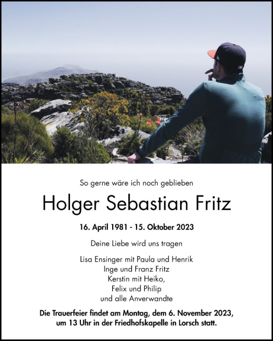 Traueranzeige von Holger Sebastian Fritz von Bergsträßer Anzeiger