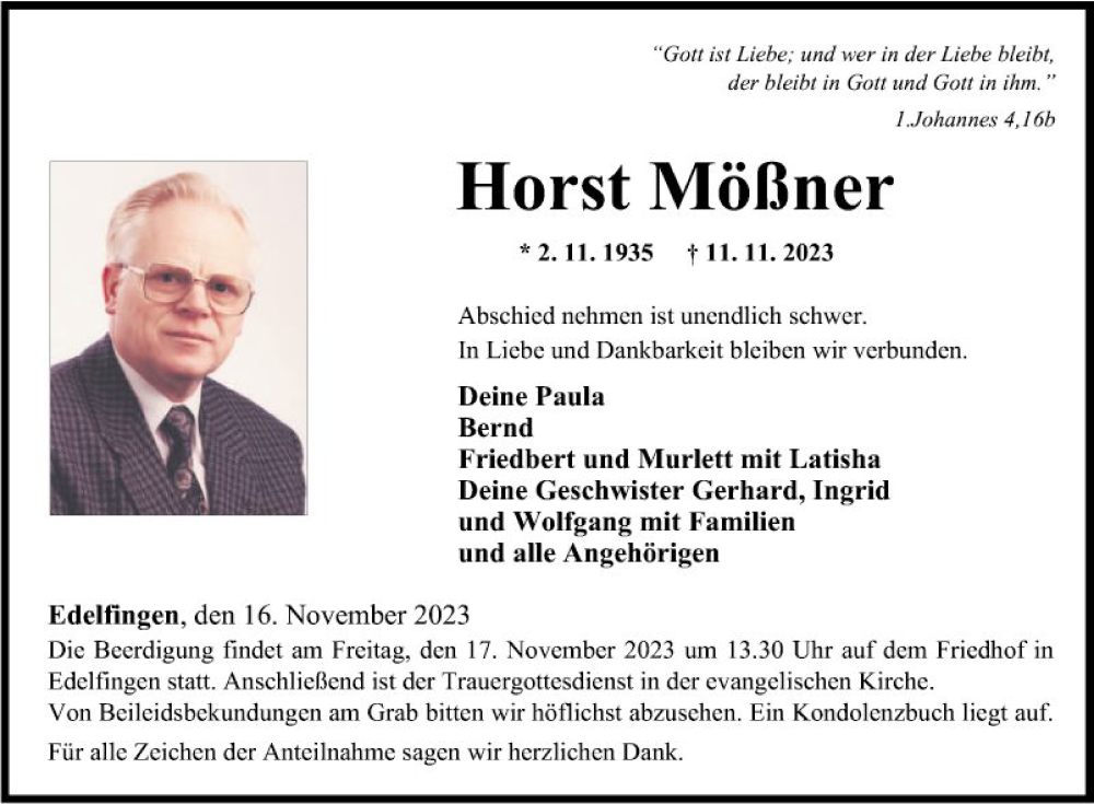  Traueranzeige für Horst Mößner vom 16.11.2023 aus Fränkische Nachrichten