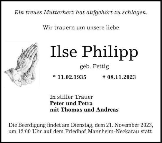 Traueranzeige von Ilse Philipp von Mannheimer Morgen