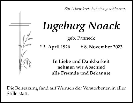 Traueranzeige von Ingeburg Noack von Mannheimer Morgen