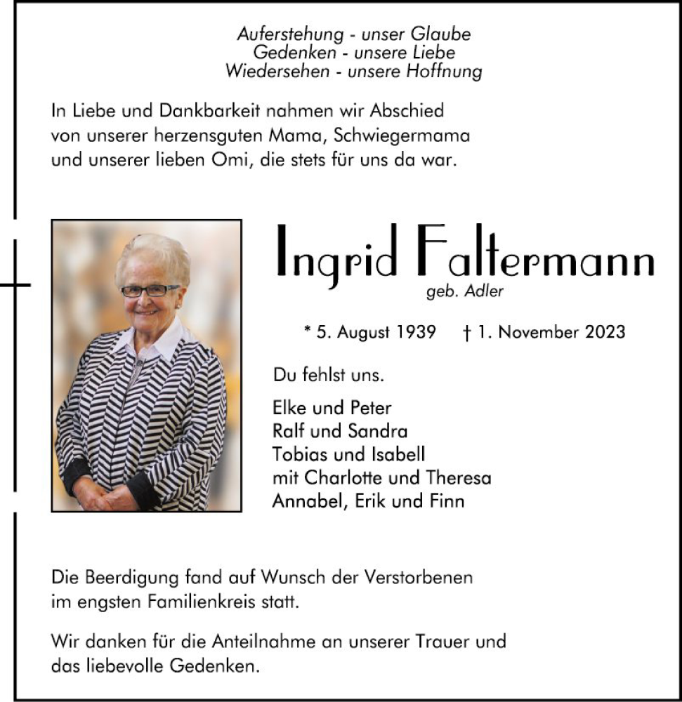  Traueranzeige für Ingrid Faltermann vom 11.11.2023 aus Mannheimer Morgen
