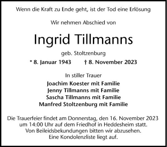 Traueranzeige von Ingrid Tillmanns von Mannheimer Morgen