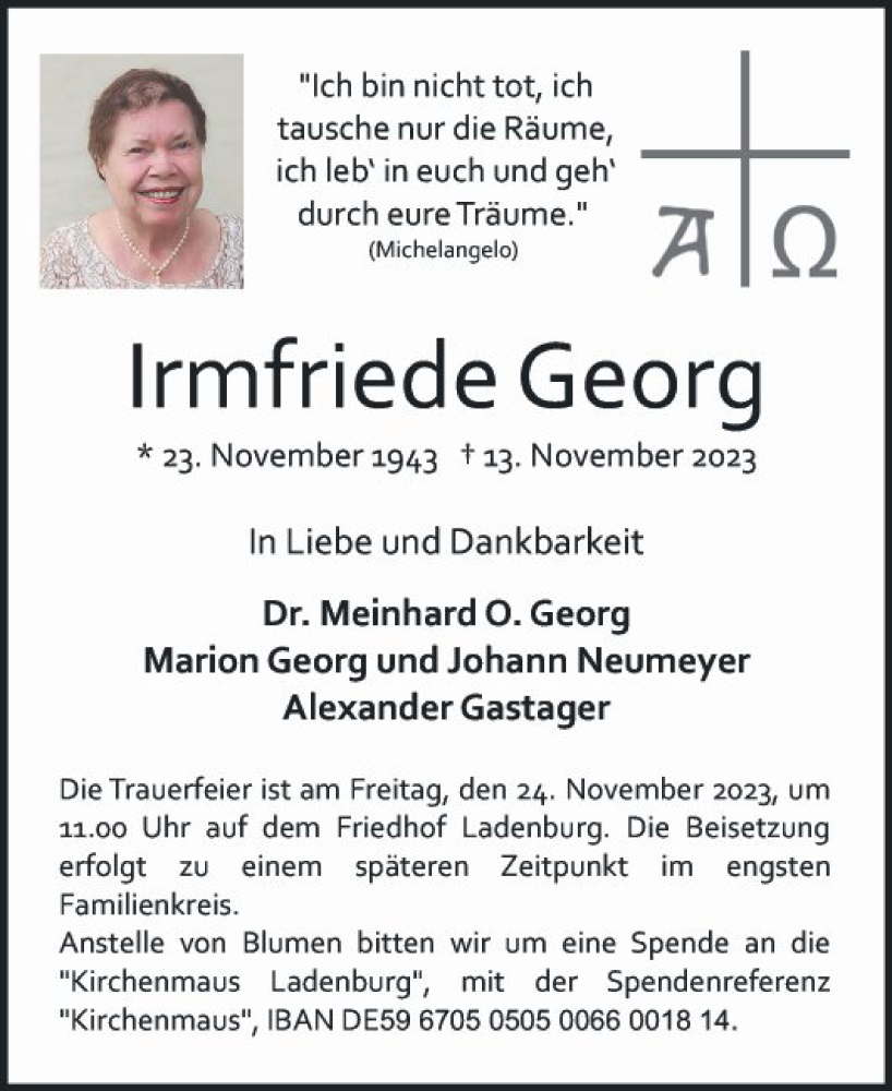  Traueranzeige für Irmfriede Georg vom 18.11.2023 aus Mannheimer Morgen