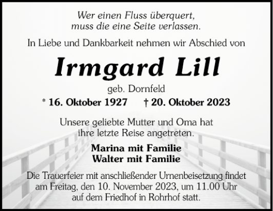 Traueranzeige von Irmgard Lill von Schwetzinger Zeitung