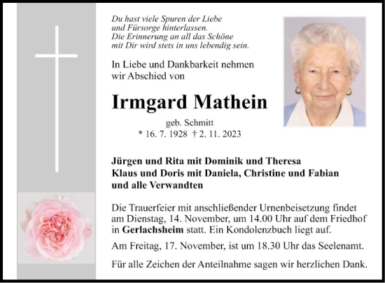 Traueranzeige von Irmgard Mathein von Fränkische Nachrichten