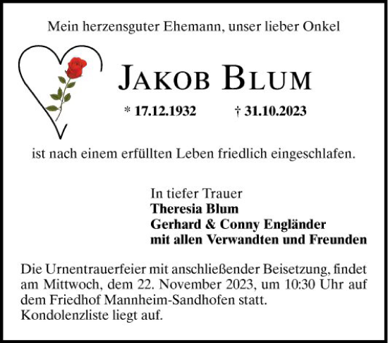 Traueranzeige von Jakob Blum von Mannheimer Morgen