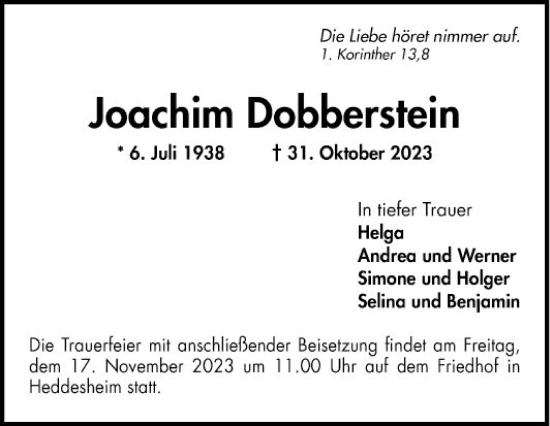 Traueranzeige von Joachim Dobberstein von Mannheimer Morgen