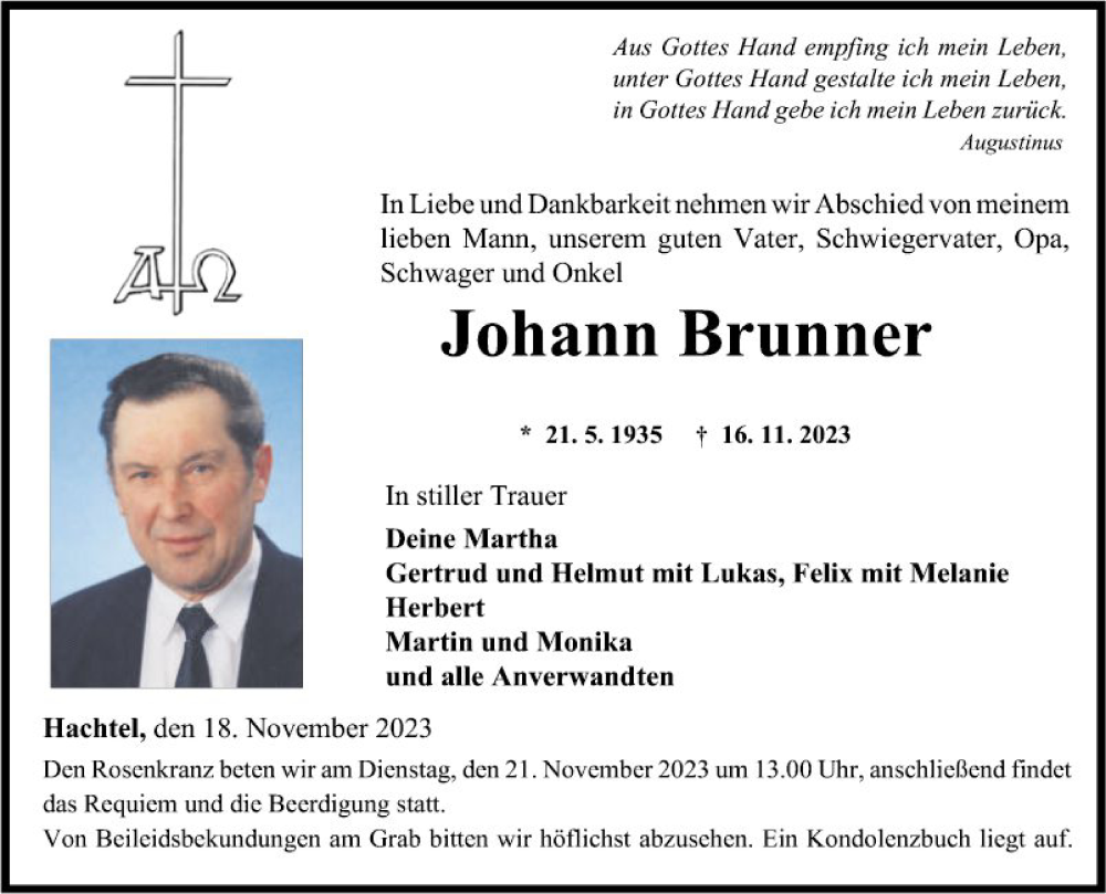  Traueranzeige für Johann Brunner vom 18.11.2023 aus Fränkische Nachrichten