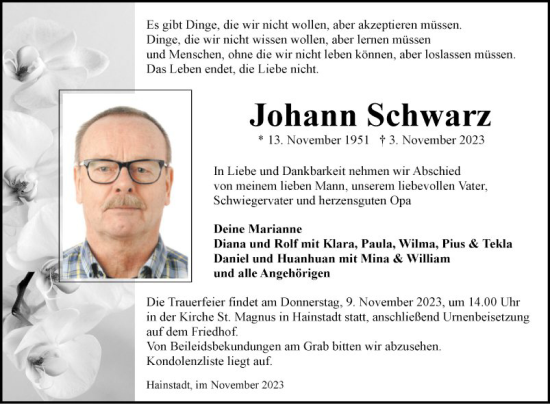 Traueranzeige von Johann Schwarz von Fränkische Nachrichten