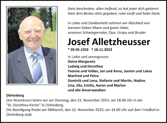 Traueranzeige von Josef Alletzheusser von Fränkische Nachrichten