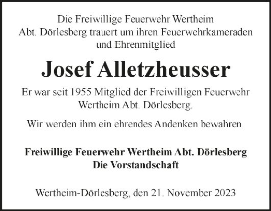 Traueranzeige von Josef Alletzheusser von Fränkische Nachrichten