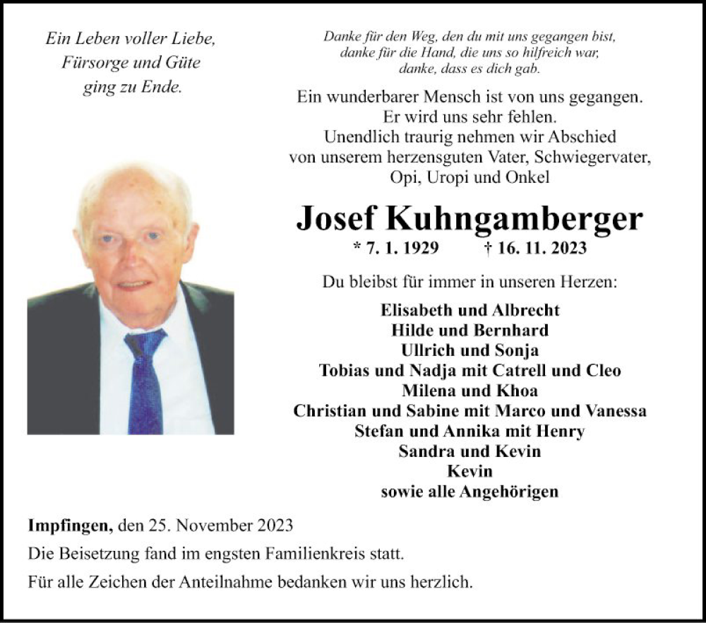  Traueranzeige für Josef Kuhngarnberger vom 25.11.2023 aus Fränkische Nachrichten