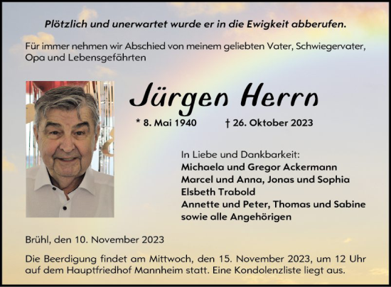 Traueranzeige von Jürgen Herrn von Schwetzinger Zeitung