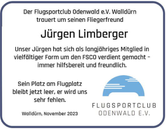 Traueranzeige von Jürgen Limberger von Fränkische Nachrichten