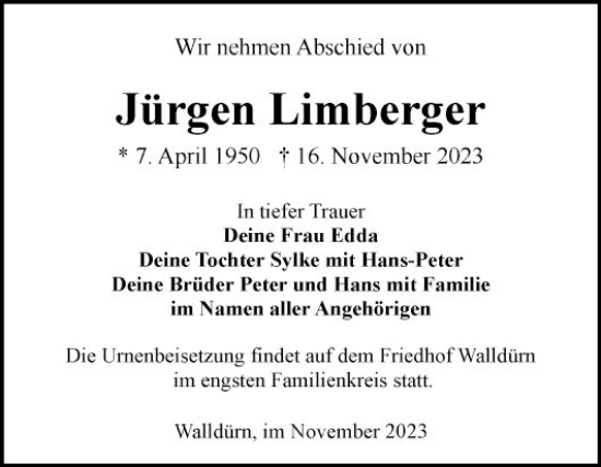 Traueranzeige von Jürgen Limberger von Fränkische Nachrichten