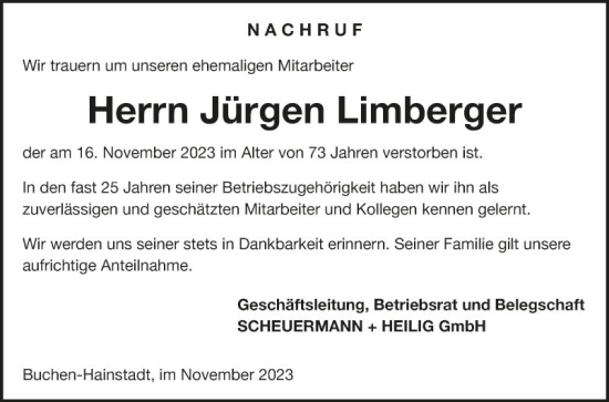 Traueranzeige von Jürgen Limberger von Fränkische Nachrichten