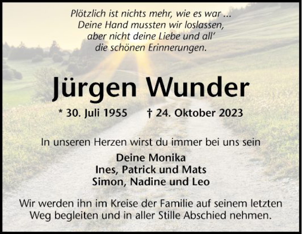  Traueranzeige für Jürgen Wunder vom 04.11.2023 aus Mannheimer Morgen