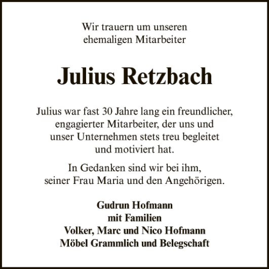 Traueranzeige von Julius Retzbach von Fränkische Nachrichten