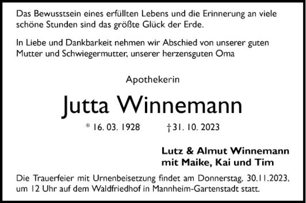  Traueranzeige für Jutta Winnemann vom 25.11.2023 aus Mannheimer Morgen