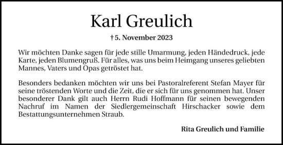 Traueranzeige von Karl Greulich von Schwetzinger Zeitung