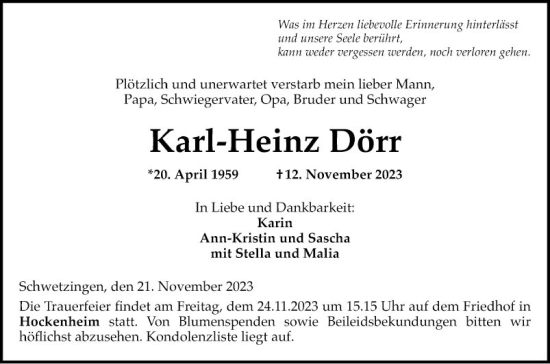 Traueranzeige von Karl-Heinz Dörr von Schwetzinger Zeitung