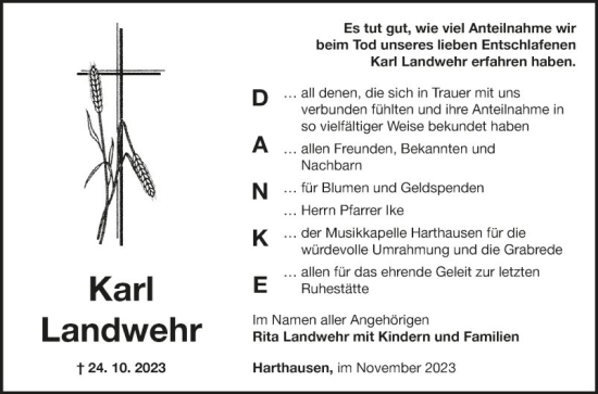 Traueranzeige von Karl Landwehr von Fränkische Nachrichten