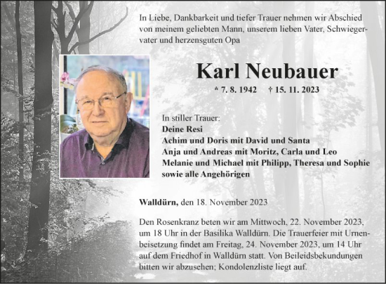 Traueranzeige von Karl Neubauer von Fränkische Nachrichten