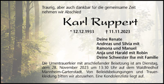 Traueranzeige von Karl Ruppert von Mannheimer Morgen