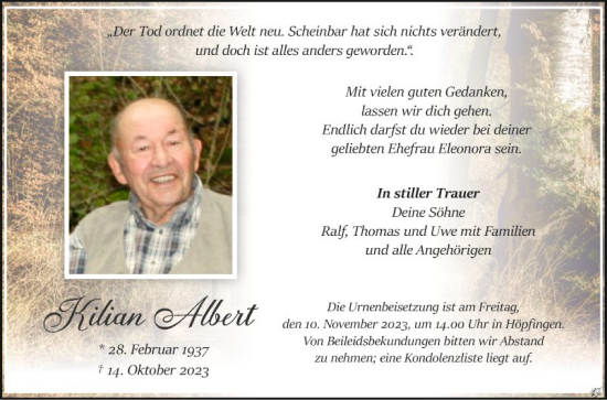 Traueranzeige von Kilian Albert von Fränkische Nachrichten