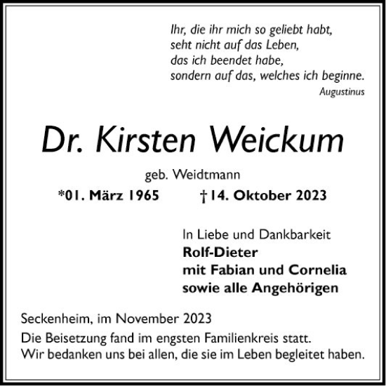 Traueranzeige von Kirsten Weickum von Mannheimer Morgen