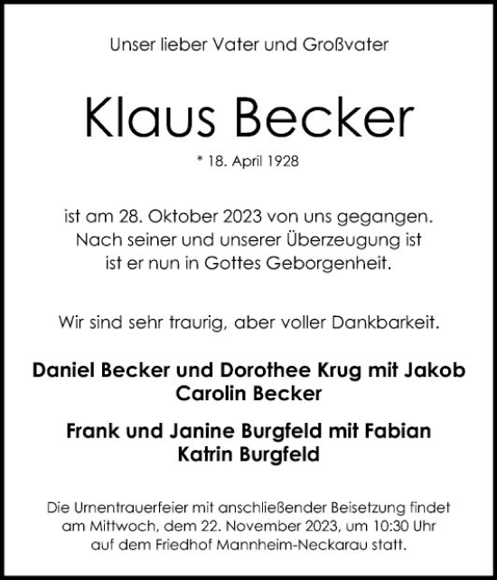 Traueranzeige von Klaus Becker von Mannheimer Morgen