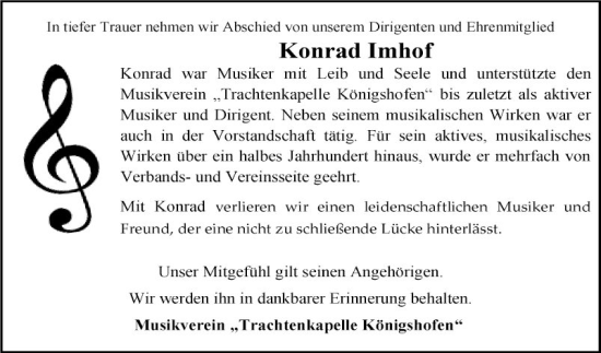 Traueranzeige von Konrad Imhof von Fränkische Nachrichten