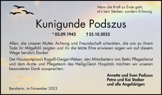 Traueranzeige von Kunigunde Podszus von Bergsträßer Anzeiger