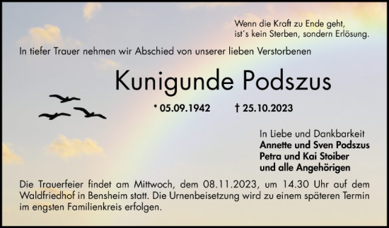 Traueranzeige von Kunigunde Podszus von Bergsträßer Anzeiger